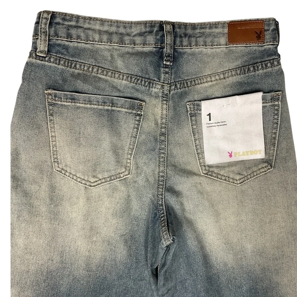 Playboy PacSun Distressed Stars & Bunny Patched Wide-Leg Denim Pants Size 28 NWT